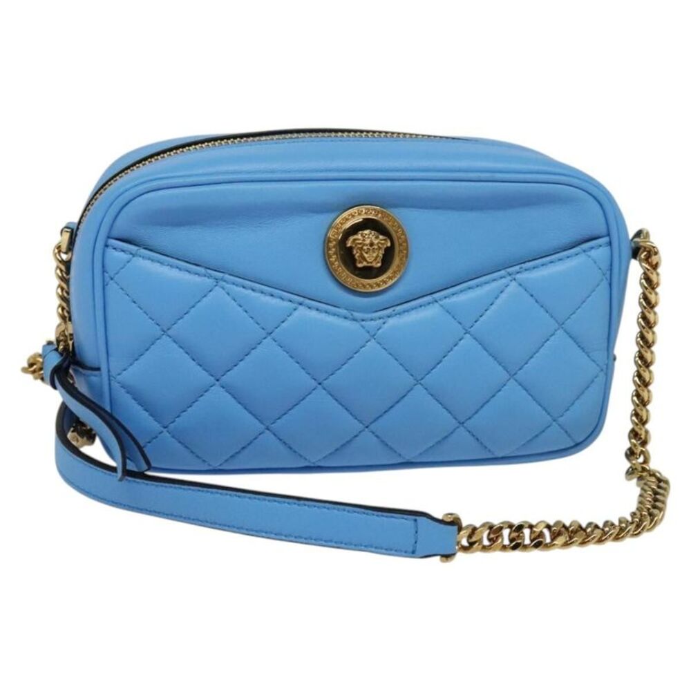 Versace Medusa Icon Front Slip Pocket Camera Quilted Leather Blue Leather
